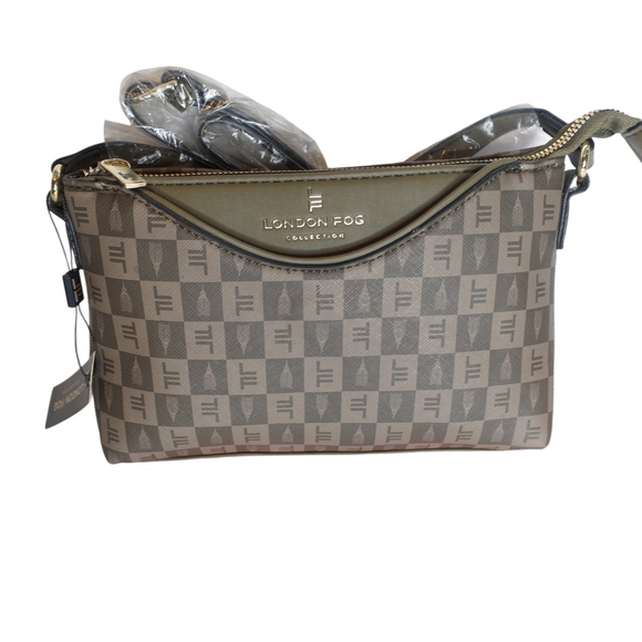 London Fog Addison Tower Signature Print Olive Crossbody Bag NWT - Picture 1 of 10